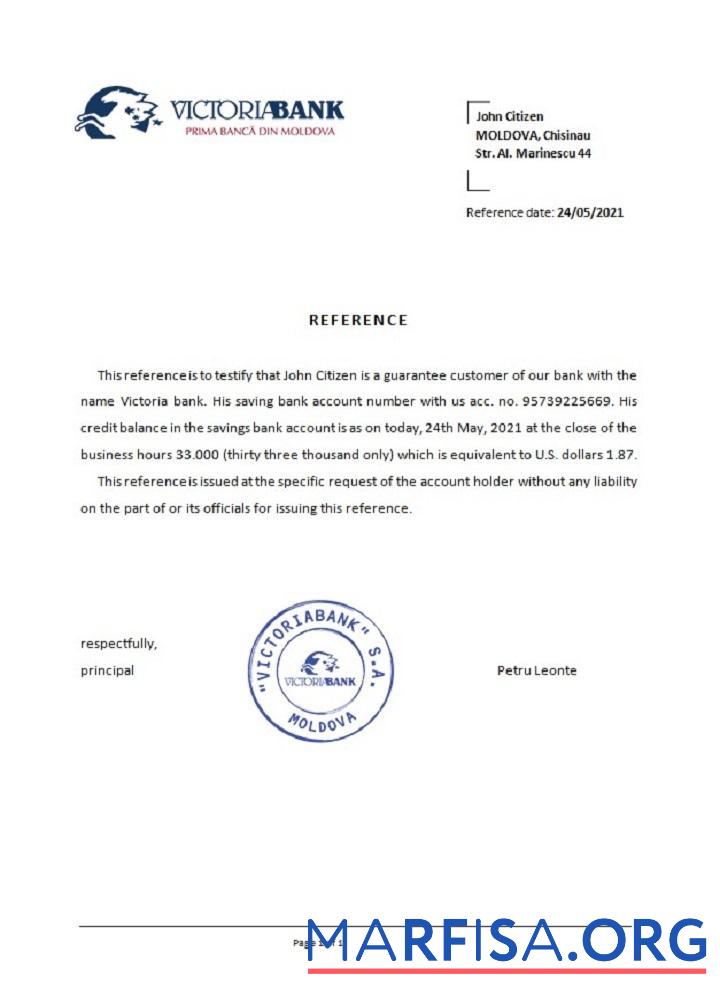 Realistic Moldova Victoriabank reference sample